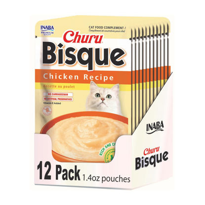 Picture of INABA Churu Bisque for Cats, Creamy Lickable Purée Side Dish with Vitamin E, 1.4 ounces per Pouch, 12 Pouches, Chicken Recipe