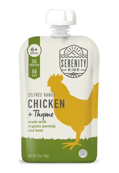 Picture of Serenity Kids 6+ Months Baby Food Pouches Puree Made With Ethically Sourced Meats & Organic Veggies | 3.5 Ounce BPA-Free Pouch | Free Range Chicken & Thyme, Parsnip, Beet | 6 Count