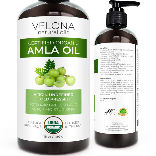 Picture of velona Amla Oil USDA Certified Organic - 16 oz | 100% Pure and Natural Carrier Oil | Extra Virgin, Unrefined, Cold Pressed