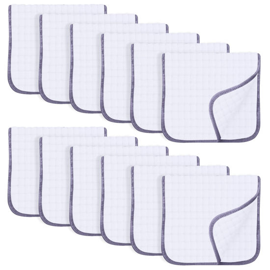 Picture of SWEET DOLPHIN 12 Pack Muslin Burp Cloths Large 100% Cotton Hand Washcloths for Baby - Baby Essentials Extra Absorbent and Soft Boys & Girls Milk Spit Up Rags for Newborn Registry - Grey Trim, 20" X10"