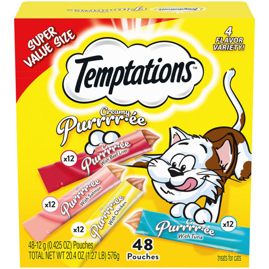 Picture of Temptations Creamy Puree with Beef Liver, Salmon, Chicken, and Tuna Squeezable Lickable Wet Cat Treat Variety Pack, 0.42 oz. Tubes, Pack of 48