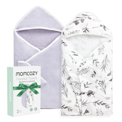 Picture of Momcozy Baby Hooded Towel-Made from Cotton, Suitable for Newborn Shower Gifts, 2 Count (Pack of 1), 28 X 28 Inch, Ink Wash Leaves