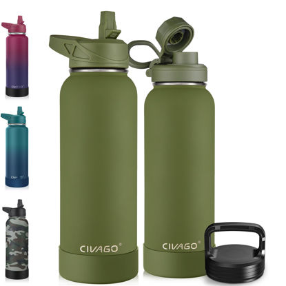 Picture of CIVAGO 40 oz Insulated Water Bottle With Straw, Stainless Steel Sports Water Cup Flask with 3 Lids (Straw, Spout and Handle Lid), Double Walled Travel Thermal Canteen Mug, Army Green