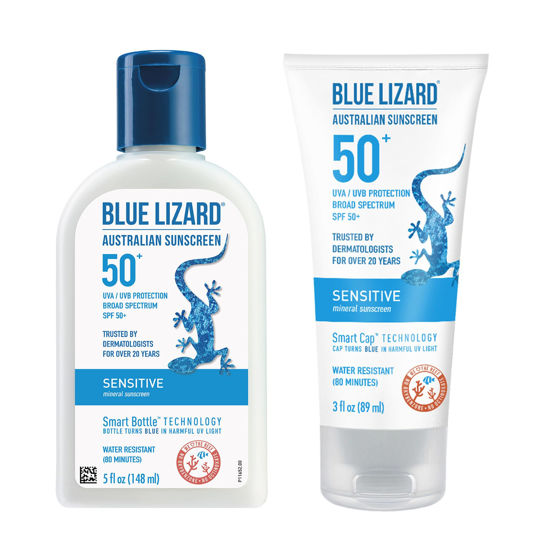 Picture of Blue Lizard Sensitive Mineral Sunscreen Lotion Bundle, SPF 50+, 3 oz Tube and 5 oz Bottle