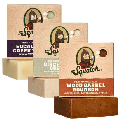 Picture of Dr. Squatch All Natural Bar Soap for Men, 3 Bar Variety Pack, Wood Barrel Bourbon, Birchwood Breeze, and Eucalyptus Greek Yogurt - Natural Men's Bar Soap