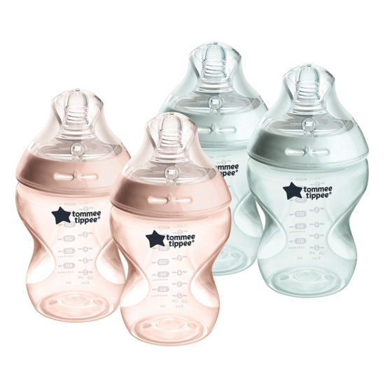 Picture of Tommee Tippee Baby Bottles, Natural Start Anti-Colic Baby Bottle with Slow Flow Breast-Like Nipple, 9oz, 0m+, Self-Sterilizing, Baby Feeding Essentials, Pink & Green, Pack of 4