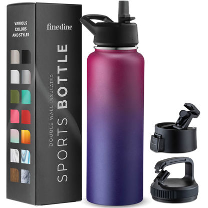 Picture of FineDine Insulated Water Bottles with Straw - 40 Oz Stainless Steel Metal Water Bottle W/ 3 Lids - Reusable for Travel, Camping, Bike, Sports - Dreamy Purple