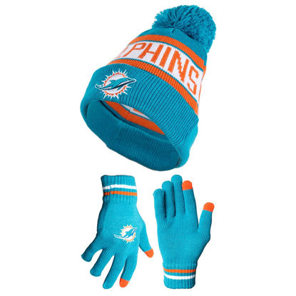 Picture of Ultra Game NFL Mens Womens Super Soft Winter Beanie Knit Hat With Extra Warm Touch Screen Gloves, Miami Dolphins