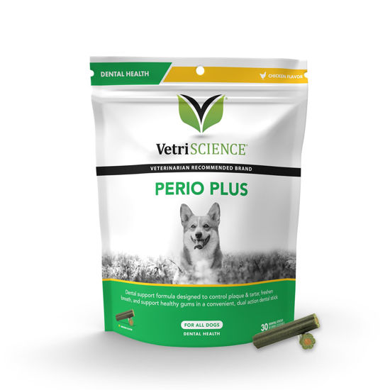 Picture of VetriScience Perio Plus Dental Sticks for Dogs - Advanced Dog Breath Freshener - Dual Action Dog Teeth Cleaning Chews for Plaque Control & Fresh Breath, 30 Sticks, Chicken Flavor