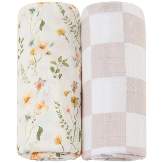 Picture of LifeTree Muslin Swaddle Blanket for Baby Girl, 2-Pack Viscose Bamboo Cotton Large Swaddle Blankets (47" x 47"), Floral & Dusty Pink Checkered