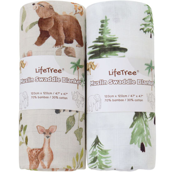 Picture of LifeTree Muslin Swaddle Blankets Neutral, Woodland Baby Swaddling Wrap Nursery Receiving Blanket for Boys & Girls Unisex, Soft 70% Viscose from Bamboo and 30% Cotton, Large 47 x 47 inches