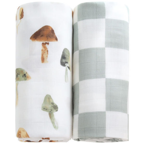 Picture of LifeTree Muslin Swaddle Blankets, Baby Neutral Swaddling Blanket for Boys Girls, Super Soft 70% Viscose from Bamboo and 30% Cotton, Large 47" x 47", Checkered & Mushroom, Newborn Baby Registry