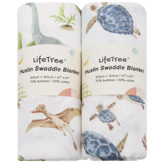 Picture of LifeTree Muslin Swaddle Blankets Neutral, Baby Swaddling Wrap Nursery Blanket for Boys & Girls Neutral, Soft 70% Viscose from Bamboo and 30% Cotton, Large 47 x 47 inches, Sea Turtle & Dinosaur