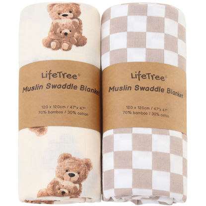 Picture of LifeTree Muslin Swaddle Blankets Neutral, Baby Swaddling Wrap Nursery Blanket for Boys & Girls Unisex, Soft 70% Viscose from Bamboo and 30% Cotton, Large 47 x 47 inches, Bear & Checkered Coffee