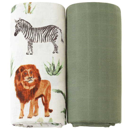 Picture of LifeTree Muslin Swaddle Blankets, Woodland Baby Swaddling Neutral Receiving Blanket for Boys & Girls, 70% Viscose from Bamboo and 30% Cotton, Large 47 x 47 inches Safari Jungle/Olive Green