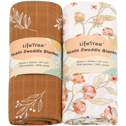 Picture of LifeTree Muslin Swaddle Blanket for Baby Girl Newborn, 2-Pack 70% Viscose from Bamboo and 30% Cotton Large Baby Swaddle Blankets (47" x 47"), Floral & Tan Leaf