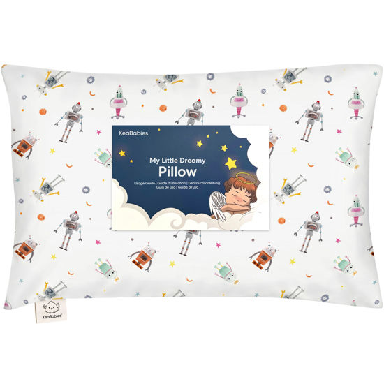 Picture of Toddler Pillow with Pillowcase - 13x18 My Little Dreamy Pillow, Organic Cotton Toddler Pillows for Sleeping, Kids Pillow, Travel Pillows, Mini Pillow, Nursery Pillow, Toddler Bed Pillow (Robo Pals)