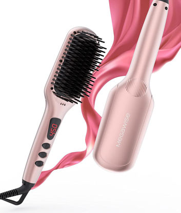 Picture of 2023 Updated MEGAWISE Hair Straightener Ceramic Brush (Pink Gold) Anti-Scald Dual Voltage Flat iron Hot Brush | Rotatable Cord |Auto Shutoff | anti-frizz |for all hair types