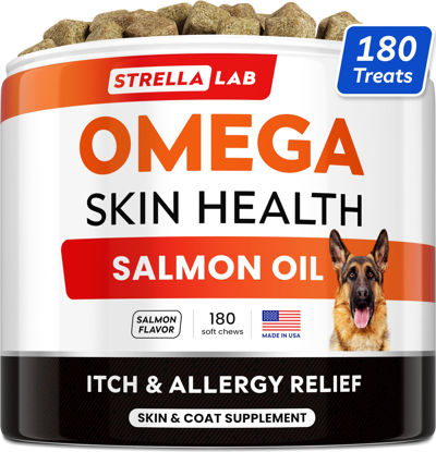 Picture of StrellaLab Omega 3 for Dogs - (180Ct) Fish Oil Treats - Allergy & Itch Relief Skin&Coat Supplement - Dry Itchy Skin, Shedding, Hot Spots Treatment, Anti Itch - Pet Salmon Oil Chews - Salmon Flavor