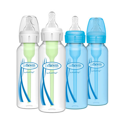 Picture of Dr. Brown’s Natural Flow® Anti-Colic Options+™ Narrow Baby Bottles, 8 oz/250ml, with Level 1 Slow Flow Nipple, 4 Pack, Blue/Clear