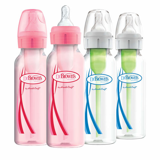 Picture of Dr. Brown’s Natural Flow® Anti-Colic Options+™ Narrow Baby Bottles, 8 oz/250ml, with Level 1 Slow Flow Nipple, 4 Pack, Pink/Clear