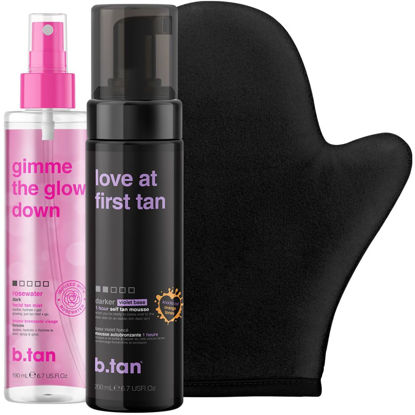 Picture of b.tan Violet Self Tan & Face Mist Kit | Lovers Bundle - Self Tanning Mousse with Gimme The Glow Down Gradual Face + Body Mist w Self Tanning Mitt Applicator, 1 Hour Sunless Tanner, Fast, 6.7 Fl Oz