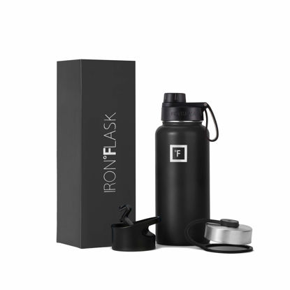 Picture of IRON °FLASK Sports Water Bottle - Wide Mouth with 3 Spout Lids - Stainless Steel Gym & Outdoor Bottles for Men, Women & Kids - Double Walled, Insulated Thermos, Metal Canteen - Midnight Black, 32 Oz