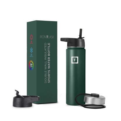 Picture of IRON °FLASK Camping & Hiking Hydration Flask, Wide Mouth, 3 Straw Lids, Stainless Steel Outdoor Water Bottle, Double Walled, Insulated Thermos, Metal Canteen - Dark Pine, 22 Oz