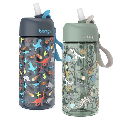 Picture of Bentgo Kids Water Bottle 2-Pack - Leak-Proof, Durable Tritan™, BPA-Free 15 oz Cup for Kids/Toddlers 3+; Flip-Up Straw; Dishwasher Safe for School/Sports/Daycare/Camp (Dinosaur/Dino Fossils)