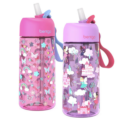 Picture of Bentgo Kids Water Bottle 2-Pack - Leak-Proof, Durable Tritan, BPA-Free 15 oz Cup for Kids/Toddlers 3+; Flip-Up Straw; Dishwasher Safe for School/Sports/Daycare/Camp (Rainbows & Butterflies/Fairies)