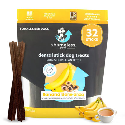 Picture of Shameless Pets Dental Treats for Dogs, Banana Bone-Anza (32 Sticks) - Dental Sticks with Hip & Joint Support for Teeth Cleaning & Fresh Breath - Dog Bones Dental Chews Free from Grain, Corn & Soy