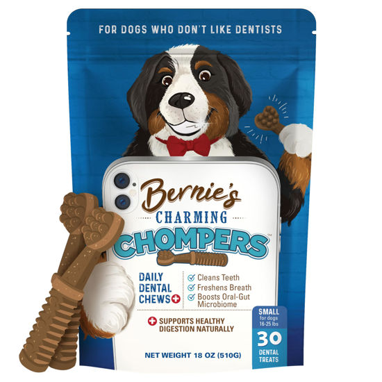 Picture of Bernie's Charming Chompers - Daily Dental Chews for Dogs 15-25 Lbs. - 30 Count - Cleans Teeth, Freshens Breath, Boosts Oral-Gut Microbiome. Easy to Digest, Supports Healthy Digestion Naturally