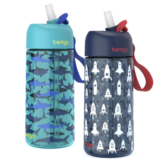 Picture of Bentgo Kids Water Bottle 2-Pack - Leak-Proof, Durable Tritan, BPA-Free 15 oz Cup for Kids/Toddlers 3+; Flip-Up Straw; Dishwasher Safe for School/Sports/Daycare/Camp (Rocket/Shark)