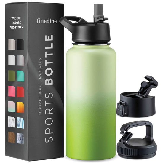 Picture of FineDine Insulated Water Bottles with Straw - 32 Oz Stainless Steel Metal Water Bottle W/ 3 Lids - Reusable for Travel, Camping, Bike, Sports - Dreamy Green