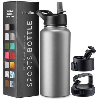 Picture of FineDine Insulated Water Bottles with Straw - 32 Oz Stainless Steel Metal Water Bottle W/ 3 Lids - Reusable for Travel, Camping, Bike, Sports - Modern Lava Gray