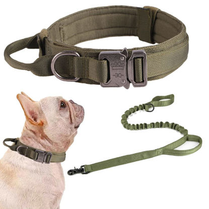 Picture of Tactical Dog Collar and Leash Set Tactical Dog Collar with Handle Bungee Leash Adjustable Military Training Nylon Collar Dog Training Collar Leash Set with Control Handleand Metal Buckle （Green S