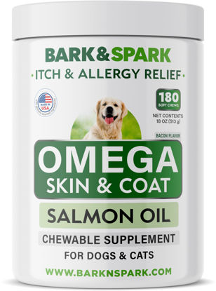 Picture of Omega 3 for Dogs and Cats - 180 Fish Oil Treats for Dog Shedding, Skin Allergy, Itch Relief, Hot Spots Treatment - Joint Health - Skin and Coat Supplement - EPA & DHA Fatty Acids - Salmon Oil - Bacon