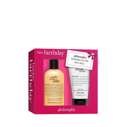 Picture of philosophy Happy Birthday Duo Bath & Body Set - Vanilla Birthday Cake 3 in 1 Shampoo, Shower Gel & Bubble Bath, 8 oz & Fresh Cream Body Lotion, 4 oz