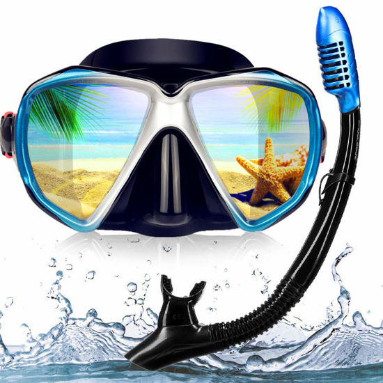 Picture of Adult Snorkel Set, Professional Snorkeling Gear Panoramic Anti-Fog Diving Goggles and Dry Snorkel Tempered Glass Scuba Diving Mask for Diving, Snorkeling and Swimming (Blue Set)