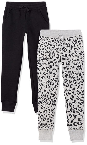 Picture of Amazon Essentials Toddler Girls' Sweatpants, Pack of 2, Black/Light Grey Heather Cheetah, 2T