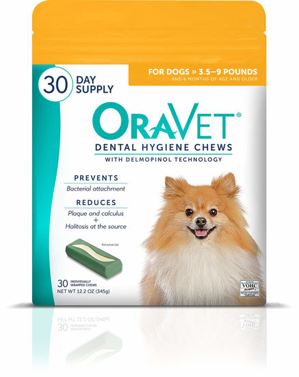 Picture of OraVet Dental Chews for Dogs, Oral Care and Hygiene Chews (Extra Small Dogs, 3.5-9 lbs.) Yellow Pouch, 30 Count