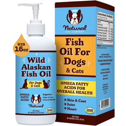 Picture of Natural Dog Company Wild Alaskan Fish Oil for Dogs and Cats (16oz) - Blend of Wild Salmon & Pollock Oil - Omega 3 EPA & DHA - Reduces Shedding, Nourishes Skin, Coat & Joints, Fish Oil for Cats