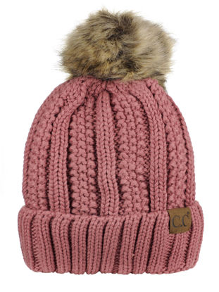 Picture of C.C Thick Cable Knit Faux Fuzzy Fur Pom Fleece Lined Skull Cap Cuff Beanie, Mauve