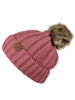 Picture of C.C Thick Cable Knit Faux Fuzzy Fur Pom Fleece Lined Skull Cap Cuff Beanie, Mauve