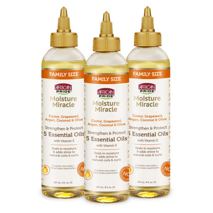 Picture of African Pride Moisture Miracle 5 Essential Hair Oils (3 Pack) - Contains Castor, Grapeseed, Argan, Coconut & Olive Oil, Seals in Moisture & Adds Shine & Strengthens Hair, Vitamin E, 8 oz