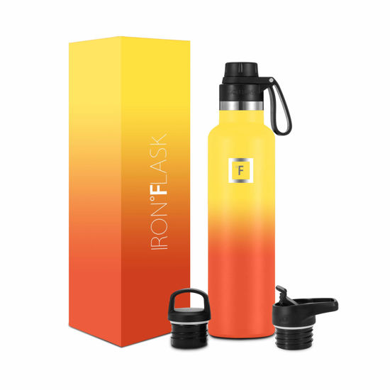 Picture of IRON °FLASK Camping & Hiking Hydration Canteens - 3 Lids (Narrow Spout Lid) Leak Proof Vacuum Insulated Stainless Steel - Hot & Cold Double Walled Sports Water Bottle - Fire, 24 Oz