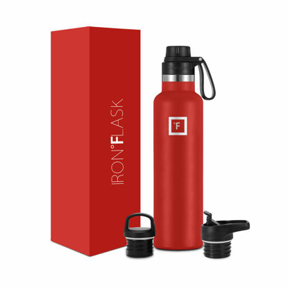 Picture of IRON °FLASK Camping & Hiking Hydration Canteens - 3 Lids (Narrow Spout Lid) Leak Proof Vacuum Insulated Stainless Steel - Hot & Cold Double Walled Sports Water Bottle - Fire Red, 24 Oz