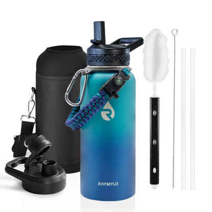 Picture of RAYMYLO Insulated Water Bottle 32 oz, Triple Wall Vacuum Stainless Steel (Cold for 48 Hrs), Leak Proof & Non-BPA, Modern Water Flask Jug with Paracord Handle & Straw Spout Lids, Cyan Blue