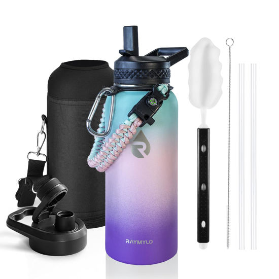 Picture of RAYMYLO Insulated Water Bottle 32 oz, Triple Wall Vacuum Stainless Steel (Cold for 48 Hrs), Leak Proof & Non-BPA, Modern Water Flask Jug with Paracord Handle & Straw Spout Lids, Hydrangea