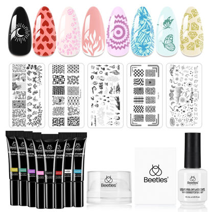 Picture of Beetles Nail Stamp Gel 16Pcs French Tip Nail Stamp Kit with 8 Colors Stamper Gel Polish, 5 Nail Stamping Templates, Scrapers, Liquid Latex & Short Silicone Stamper Uv nail art design DIY Manicure Set